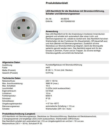 LED-Nachtlicht mit Dämmerungssensor und Stromdurchf. STECKDOSE mit LICHT (10Stk.)