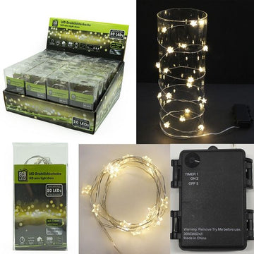 LED Drahtlichterkette, 20 LED, mit 6h Timer, für den Außenbereich, silber, warmweiß, batteriebetrieben (2xAA, nicht enth.), LED/LED: 10cm, Zuleitung: 30cm, Gesamtlänge: 2m, im Display,  
 (24Stk.)