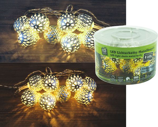 Lichterkette Metallkugeln, silber, 8 LED (24Stk.)