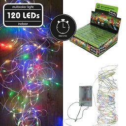 LED Drahtlichterkette, silber, 120 LEDs, multicolor, mit Timer (6/18h), für den Innenbereich, batteriebetr. (3xAA, nicht enth.), in PVC Box, im Display, LED/LED: 10cm, Zuleitung: 30cm, Gesamtlänge 10,2m, VE 24 (24Stk.)