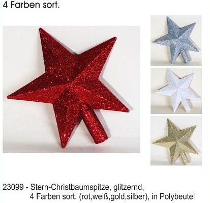 Stern-Christbaumspitze, glitzernd, 4 Farben sort. (rot,weiß,gold,silber), in Polybeutel, Höhe: 19cm,   (24Stk.)