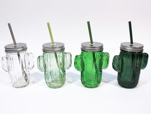 Kaktus Trinkglas, Glas,4 Farben sort. (3x grüntöne, 1x klar), mit Strohhalm, Füllmenge:350ml, LBH: 11,5x7x14,5cm, VE24,  (24Stk.)