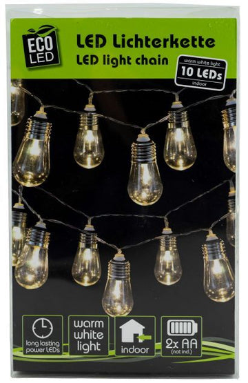 LED Lichterkette Glühbirne, Kunststoff, klar, 10 LEDs, warmweiß, batteriebetrieben (2x AA nicht inkl.), LED/LED: 11cm, Zuleitung: 30cm, PVC Box, VE 24 EP 30 (24Stk.)