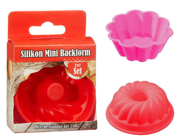 Silikon Mini Backformen, 2er Set, 2/s, ca. 8cmD Kugelhupf (rot) und Blume (pink),  in Showbox B:7,5cm H:3cm T:7,5cm (96Stk.)