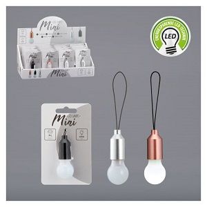 LED Lampe, Mini, 3/s, ca. 6cmH PP, weiße LED, mit Aufhängeschlaufe, inkl. 3xLR41 Batterien, 6xschwarz, 12xsilber und 6xrose sort., auf Karte B:2cm H:5,5cm T:2cm (24Stk.)