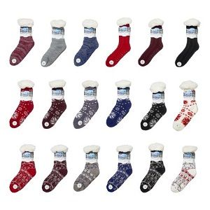 Hüttensocken 18fach sort ABS Sohle Einheitsgröße: 36-41 Polyacryl, Polyester (innen)  18 verschiedene Designs / Farben sortiert  B:10cm H:30cm T:1cm (54Stk.)