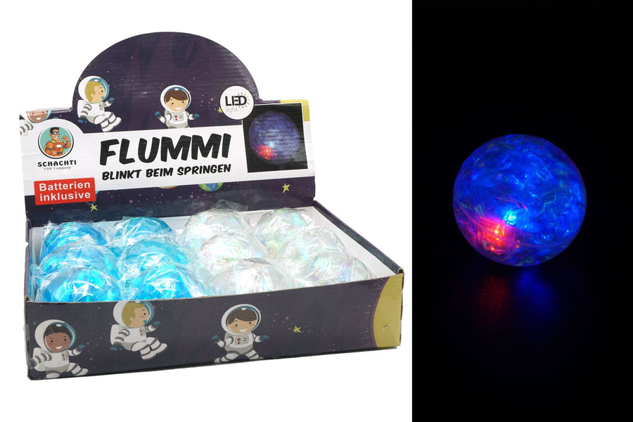 Flummi mit LED, 6,5cm, 2 Farben, im Display  Batterien: 3xAG13 inklusive (12Stk.)