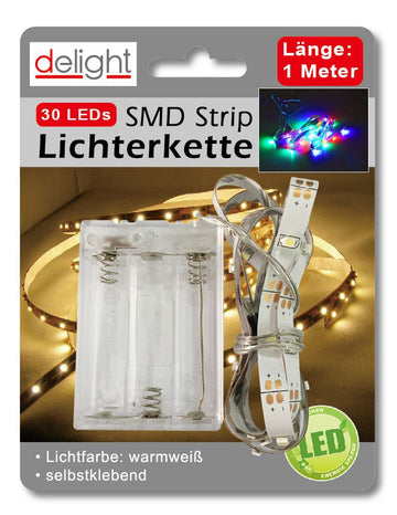 Lichterkette Strip 30er SMD, 1m, selbstklebend, BUNT
3x AA Batterie nicht enthalten
Blistercard  (24Stk.)