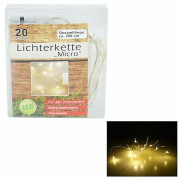 Lichterkette Basics LED Mikro, 20er
Länge: 200cm, Abstand zwischen LEDs 10cm
2x AA Batterie nicht inklusive
warmweiß
PVC-Box  (48Stk.)