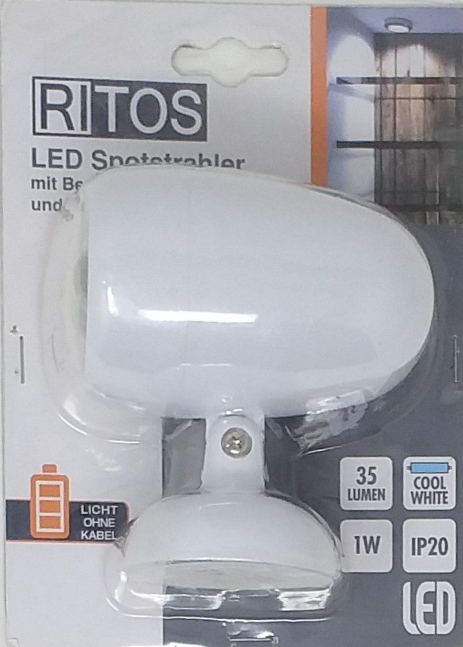 LED Spotstrahler  Weiss RITOS  35 Lumen 1W mit Bewegungsmelder Batteriebetrieben  überall einsetzbar mit Wandhalter (1Stk.)