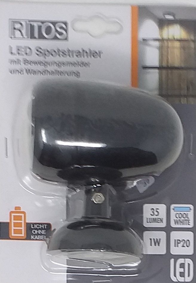 LED Spotstrahler  schwarz RITOS  35 Lumen 1W mit Bewegungsmelder Batteriebetrieben  überall einsetzbar mit Wandhalter (1Stk.)