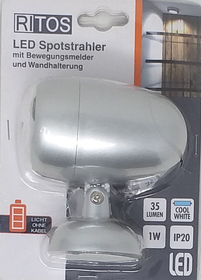 LED Spotstrahler silber RITOS  35 Lumen 1W mit Bewegungsmelder Batteriebetrieben  überall einsetzbar mit Wandhalter (1Stk.)