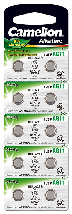 Knopfcellen SB LITHIUM AG 11 10er  SB-Karte 0%HG Mercury and cadmium LR58/LR721/362 1,5 Volt (20Stk.)