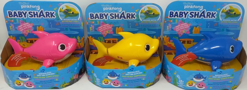 Baby Shark Robo Alive mit Sound und Bewegung   blau / gelb / pink sort. (6Stk.)