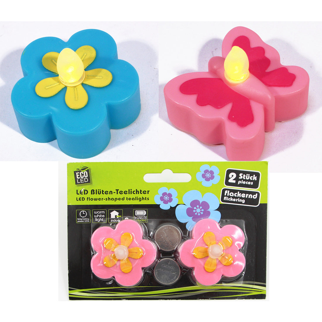 Teelichter LED Schmetterling & Blumen, S/2, 2 Farben sort. (blau, rosa), warm weiß, Licht flackernd, batteriebetrieben, Blisterkarte, VE24/48