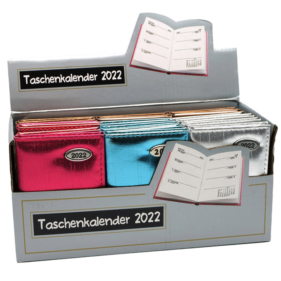Taschenkalender Glamour , 68 Blatt Display    je 18 Stück silber, braun,blau, pink